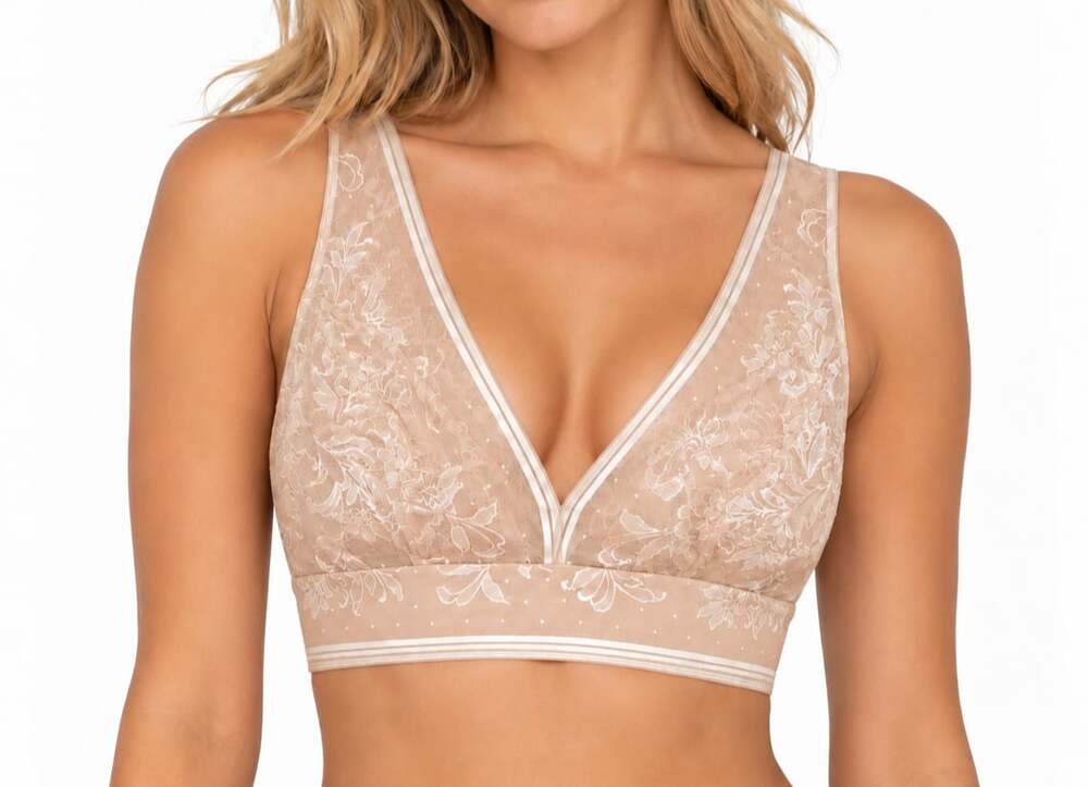 Wacoal Beige Pink Floral Lace Plunge Bralette Wireless V-Neck Bra